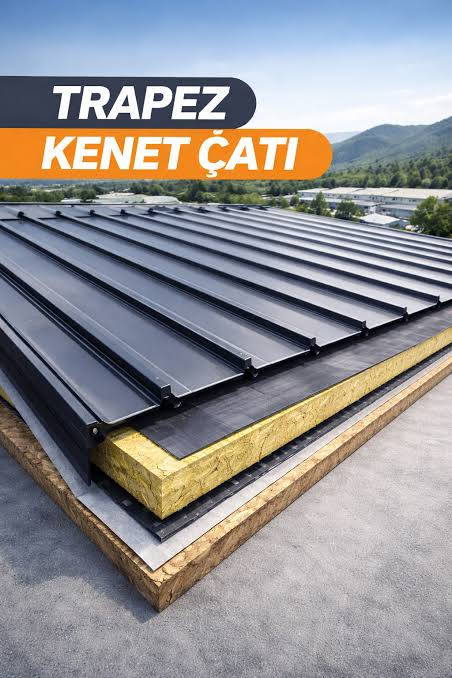 Kenet çatı kesit görünümü — kenet panel, taş yünü izolasyon katmanı